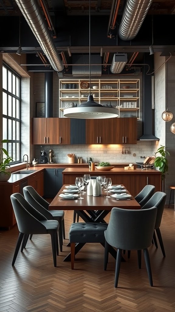 A modern loft kitchen featuring an integrated dining area with a wooden table, stylish chairs, and warm lighting.