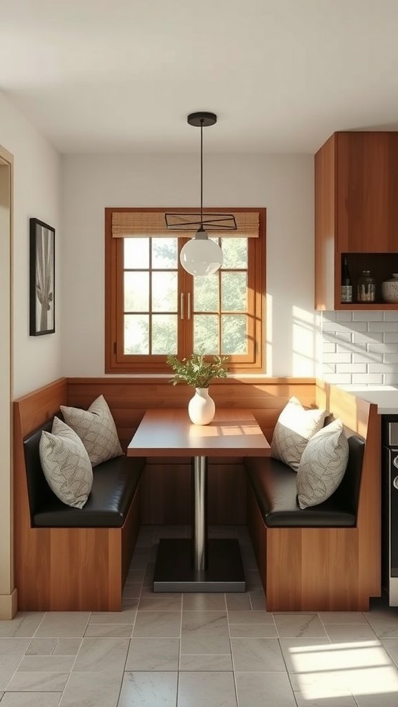 A cozy integrated dining nook with wooden accents, black cushioned seating, and a round table in a light-filled kitchen.