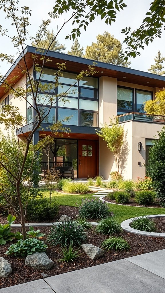 A contemporary house with integrated landscaping featuring a garden with various plants and a winding pathway.