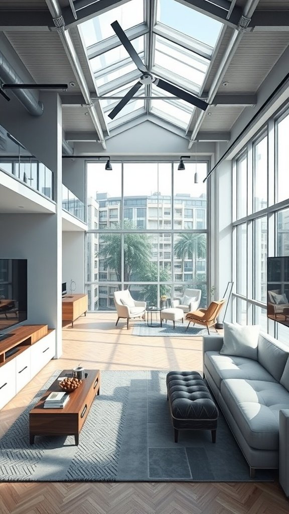 A modern Japanese loft with large windows, sleek furniture, and a bright spacious living area.
