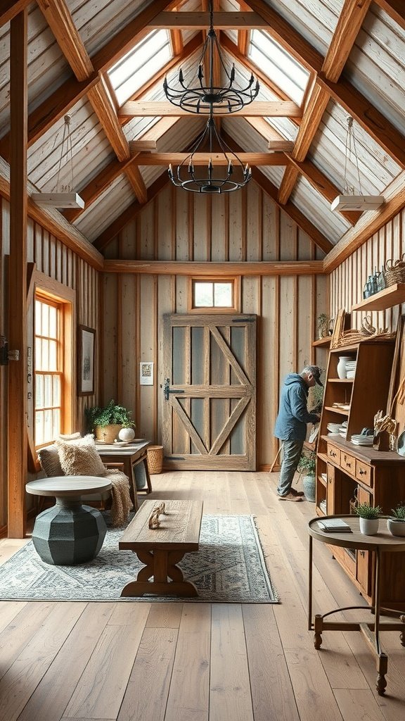 Interior of a modern barn house with exposed beams, rustic furniture, and natural light