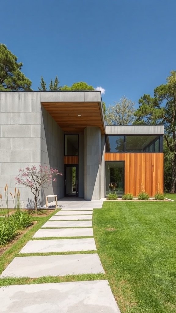 Modern house with concrete and wooden façade, surrounded by green grass and plants