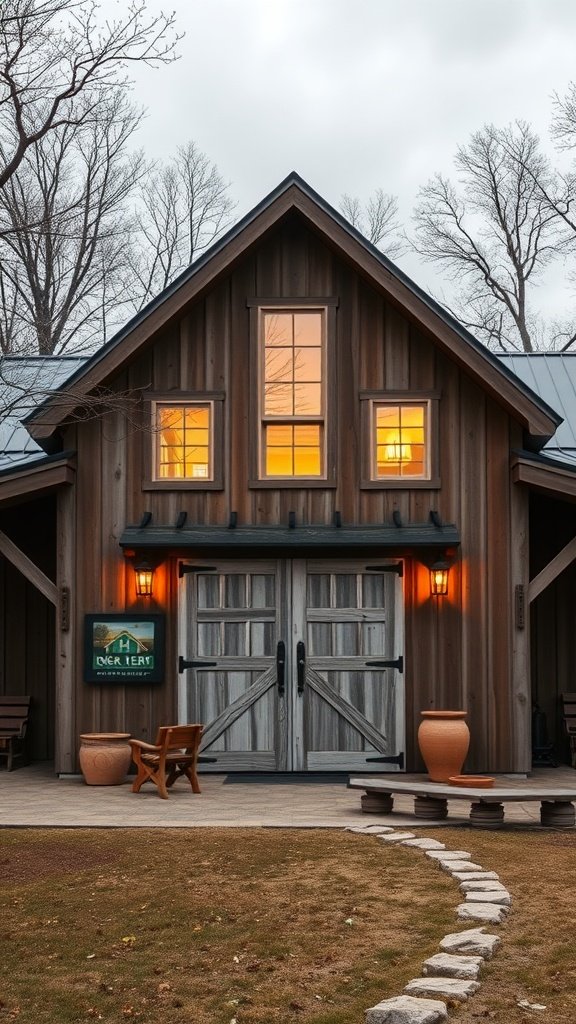 A modern barn house with wooden exterior and warm lights, showcasing a blend of rustic charm and sleek design.