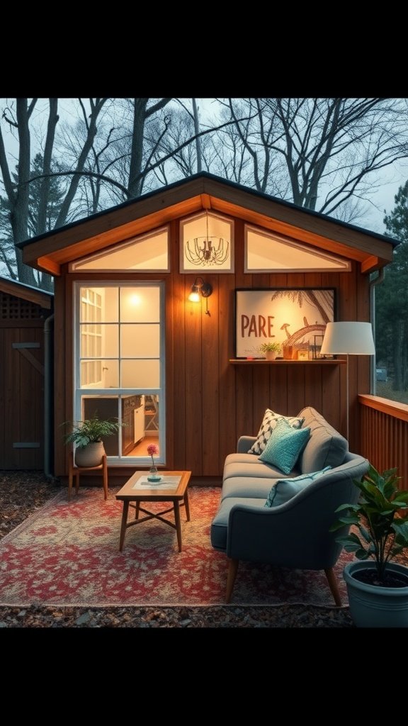 Cozy mid-century modern tiny house porch with vintage elements.