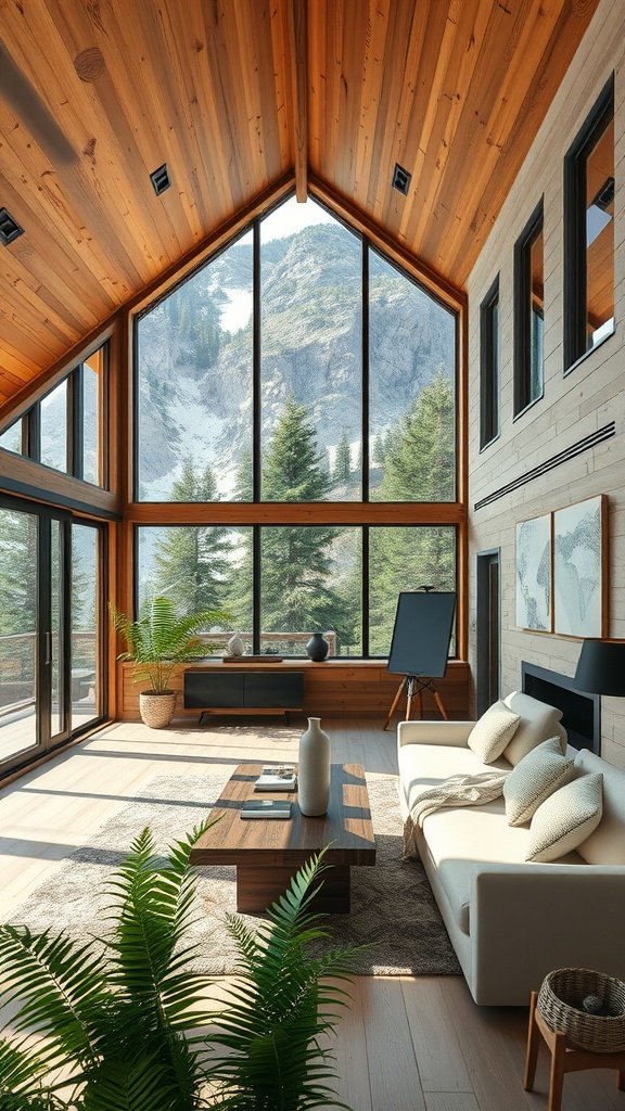 Modern mountain home interior featuring large windows, wooden elements, and natural decor.