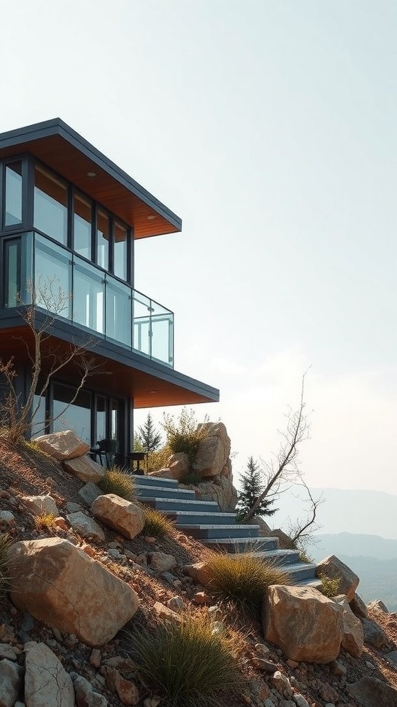 A modern house built into a hillside with large glass windows and stone steps.