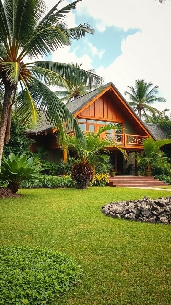A tropical house surrounded by palm trees and lush greenery, featuring a wooden facade and a spacious lawn.