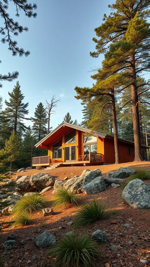A mid-century modern cabin nestled among tall pine trees and rocky terrain, showcasing a warm orange exterior.