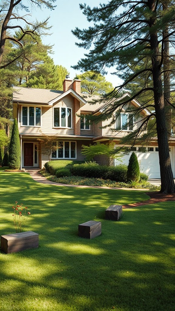 A 1950s mid-century modern house surrounded by tall trees and a lush green lawn.