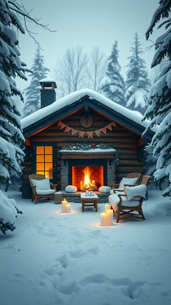 A cozy cabin with a fireplace in a snowy setting, surrounded by trees and candles
