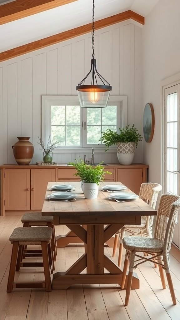A cozy dining area in a modern cottage featuring a wooden table, stylish chairs, and natural light.