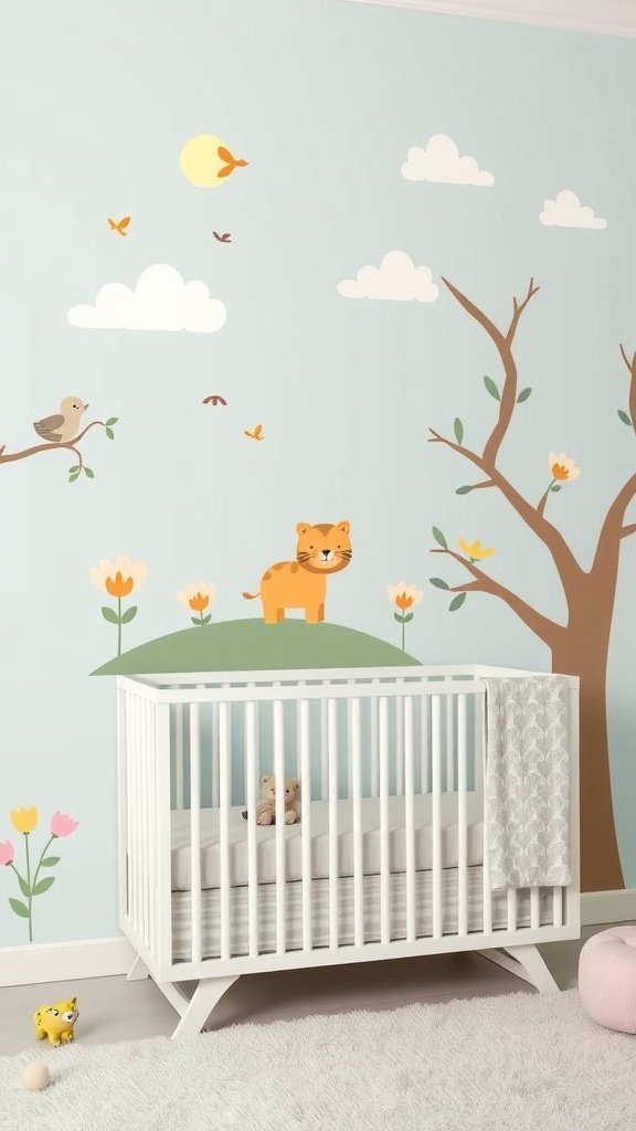 Colorful wall decals in a nursery featuring a tiger, a bird, flowers, trees, and clouds.