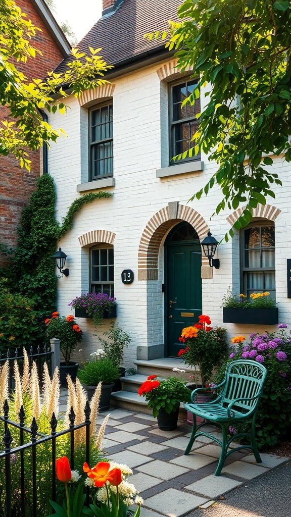 A charming white brick cottage with inviting archways, colorful flowers, and a green bench.