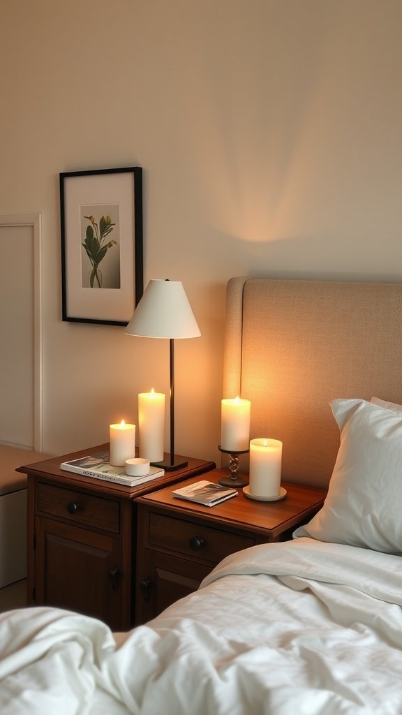 A cozy farmhouse guest bedroom featuring inviting bedside tables with candles and a lamp