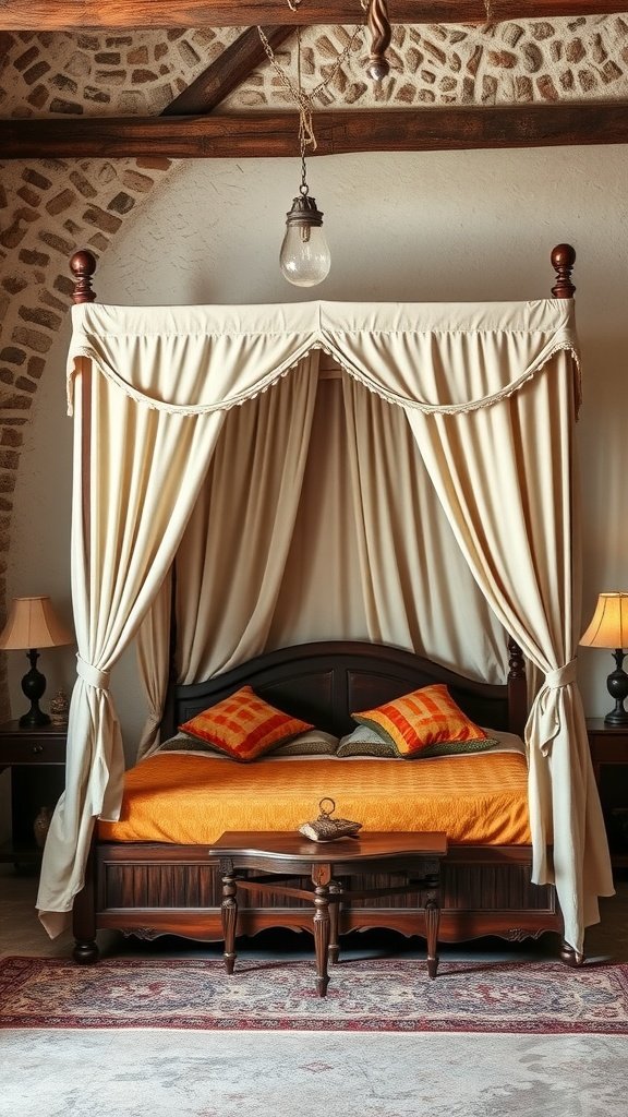 A cozy canopy bed with draped fabric in a rustic bedroom setting, featuring warm orange bedding and soft cushions.