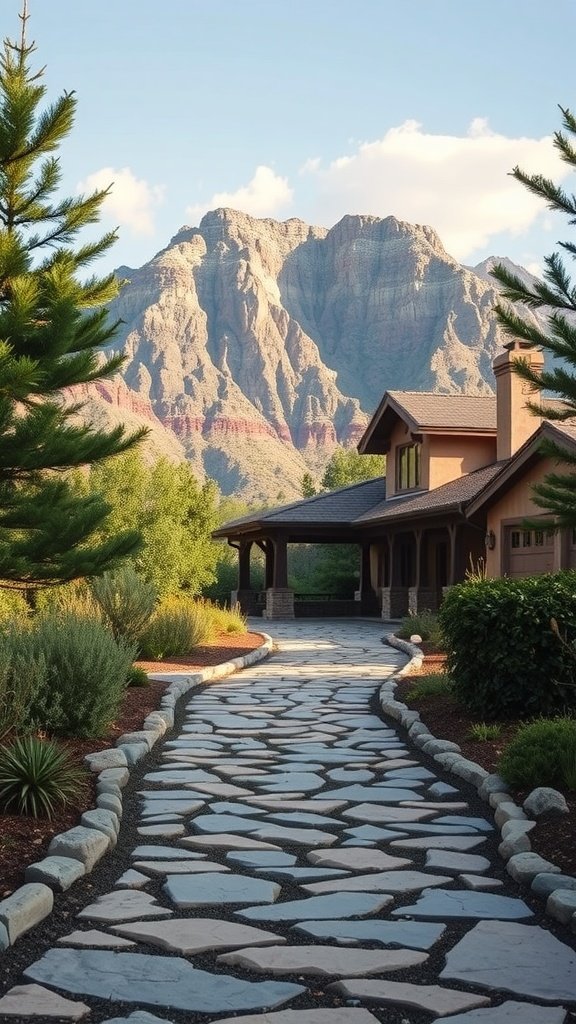 A stone pathway leading to a modern mountain home, surrounded by natural greenery and mountains in the background.