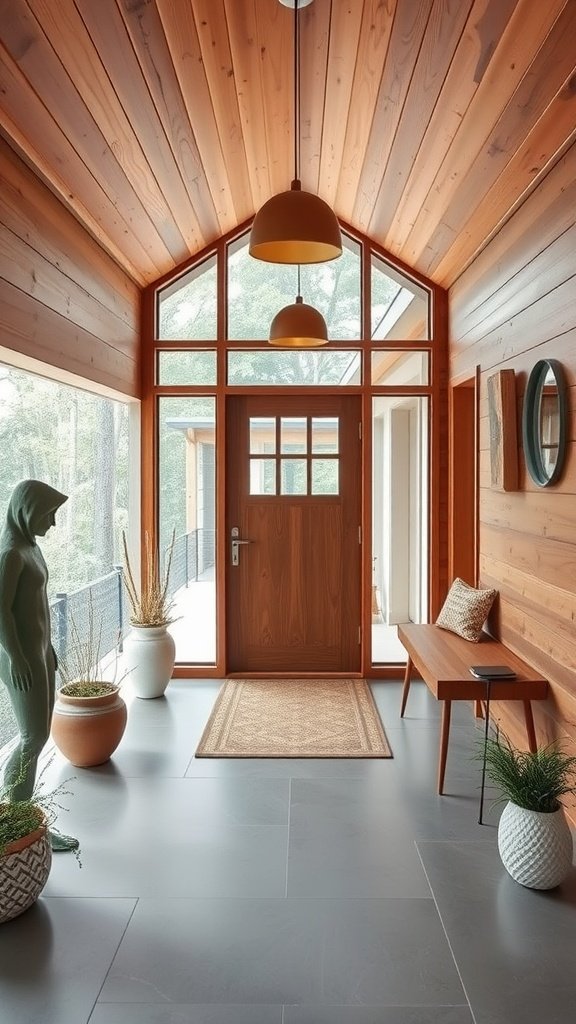 Cozy mid-century modern cabin entryway with wooden walls and large windows