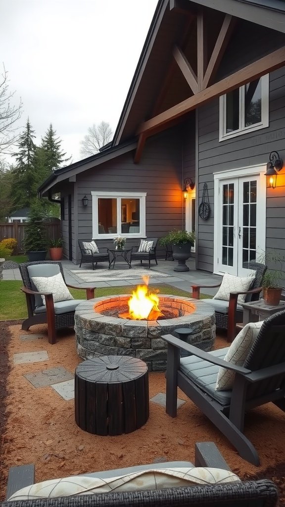 A cozy outdoor fire pit made of stone with surrounding chairs, set in a modern cottage backyard.