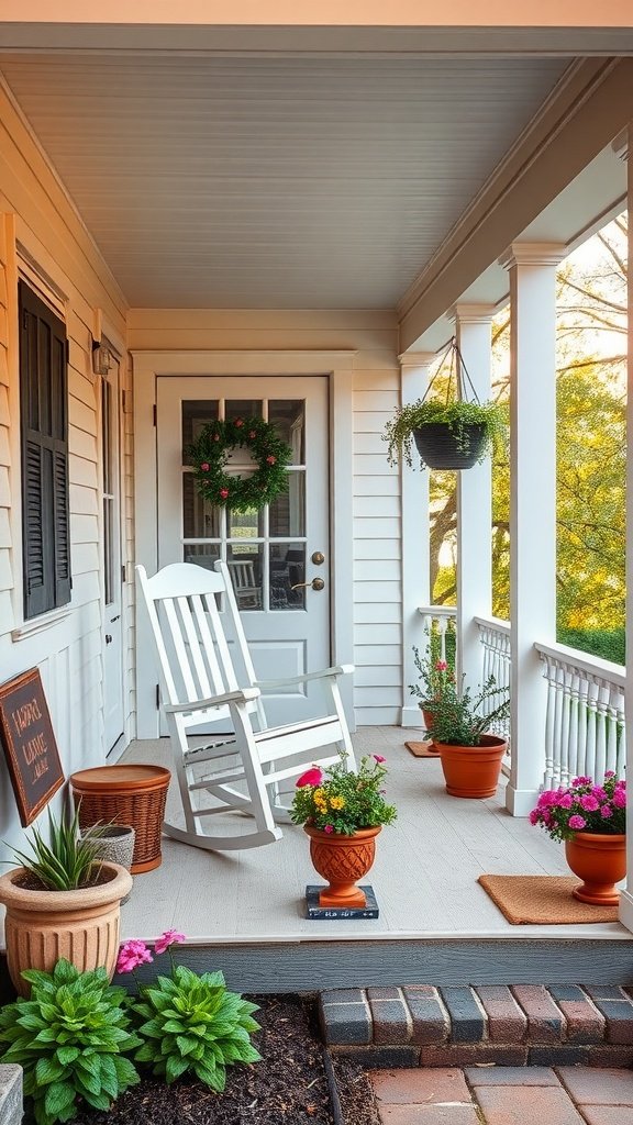 A cozy front porch featuring rocking chairs, potted flowers, and a welcoming wreath on the door.
