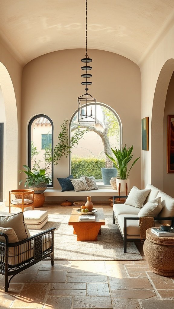 A cozy living room with earthy tones, large windows, and natural plants.