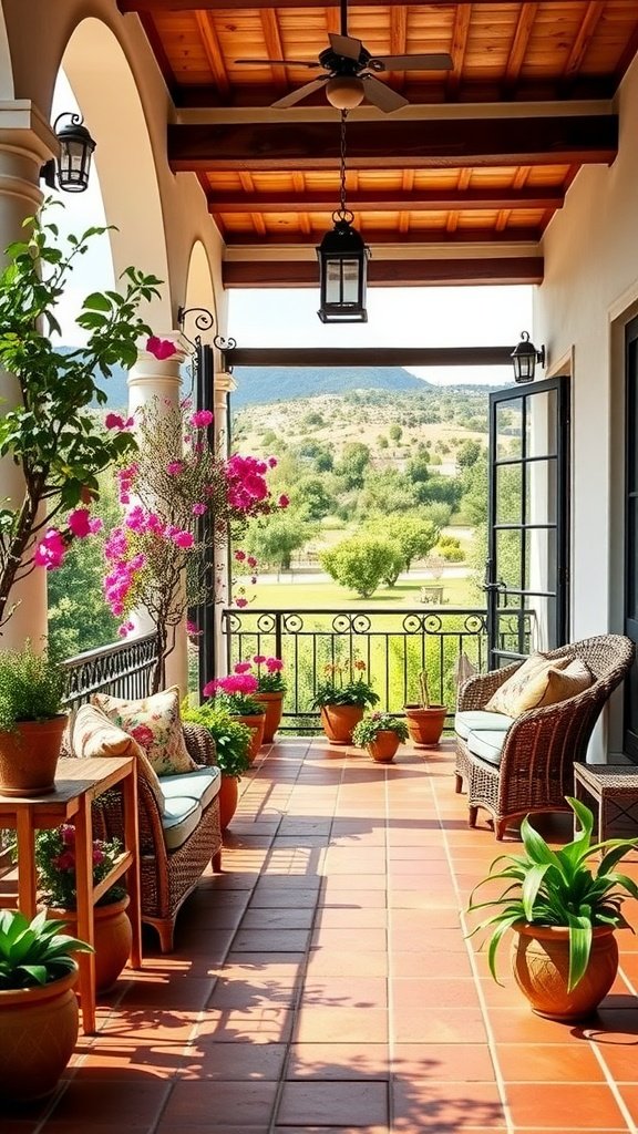 A Mediterranean porch with wicker chairs, potted plants, and beautiful views.
