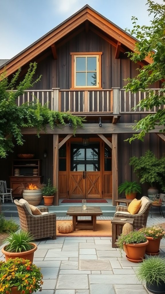A cozy outdoor patio with wicker chairs, a wooden table, and potted plants, set against a barn-style house.