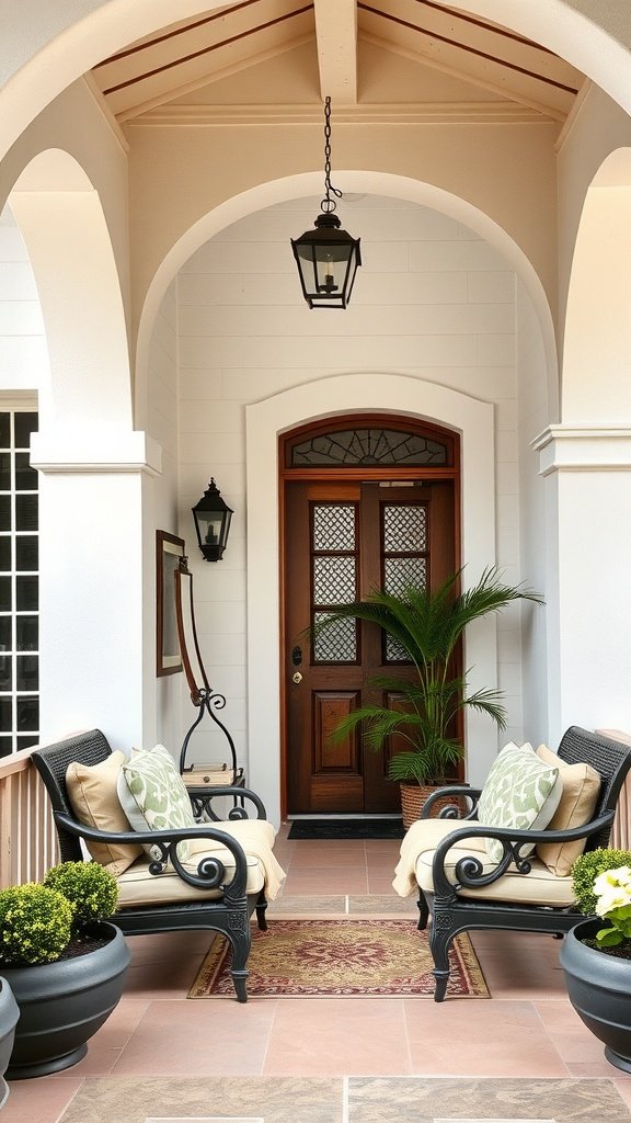Cozy porch with elegant chairs, decorative pillows, and potted plants