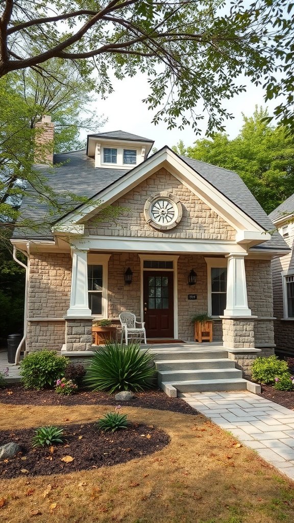 A charming stone bungalow with a welcoming porch and lush garden.