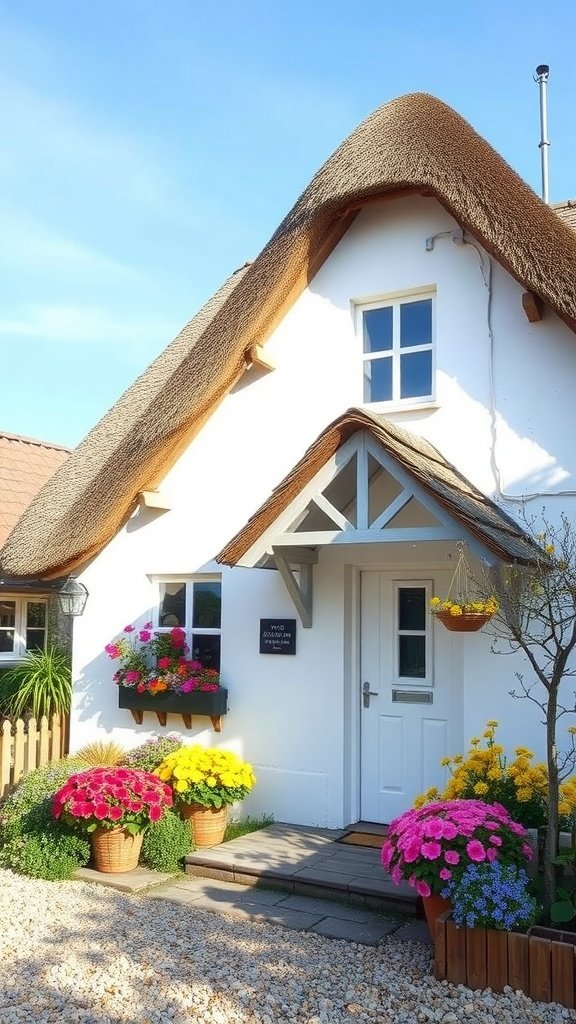 A cozy white cottage with a thatched roof and colorful flower pots at the entrance.