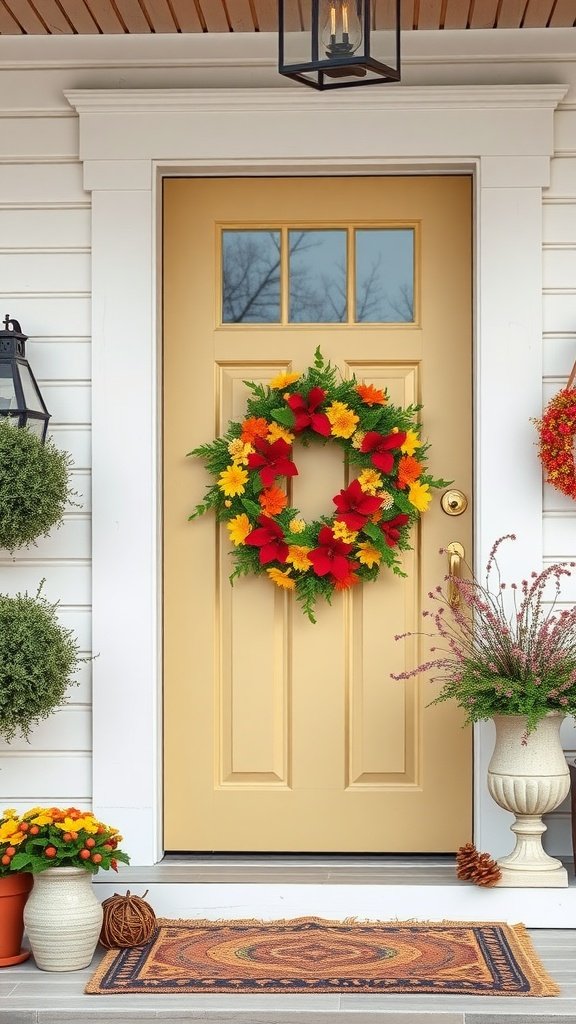 A decorative front porch featuring a golden door adorned with a colorful wreath, surrounded by potted plants and a welcome mat.