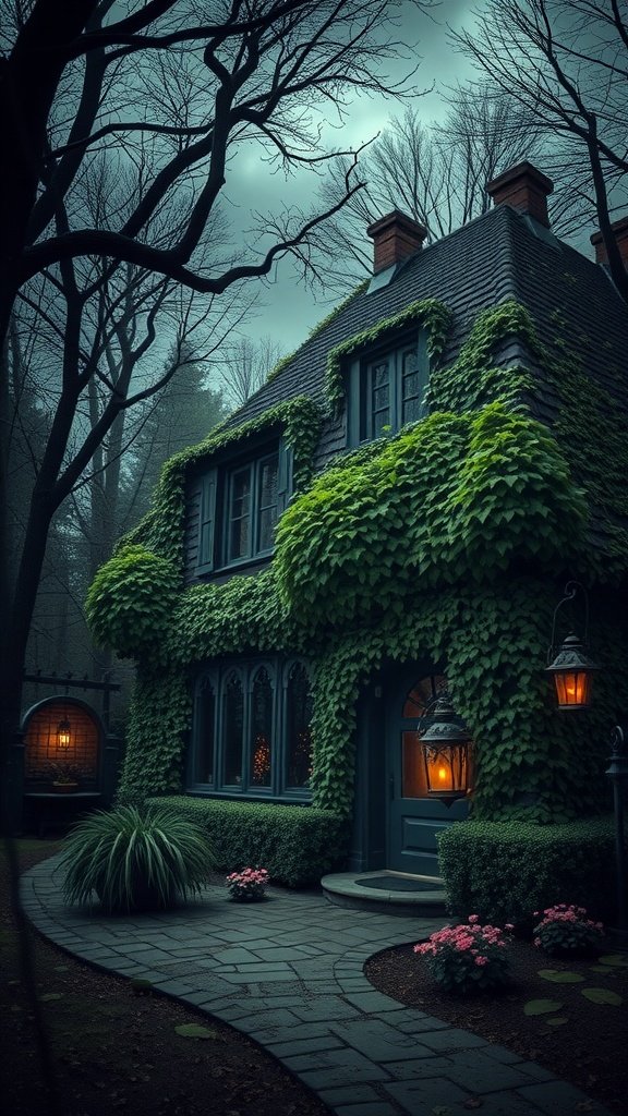 A gothic house covered in ivy, with warm lantern light and surrounded by trees.