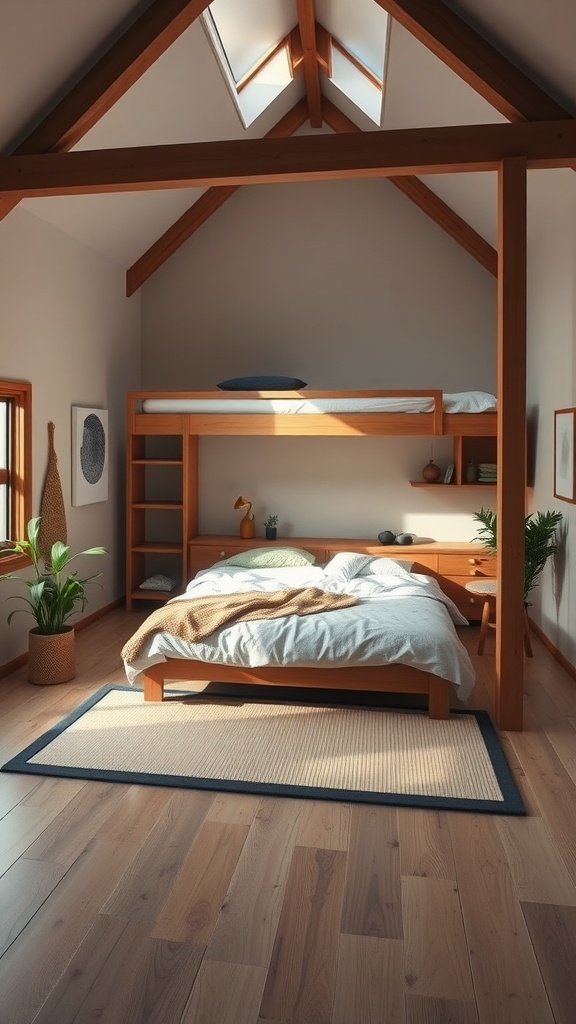 A cozy Japanese-style tatami loft bed in a well-lit modern loft bedroom, featuring wooden elements and natural decor.