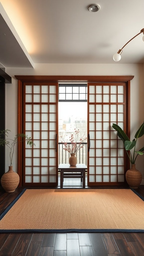 Interior view featuring Japanese sliding doors with wooden frames and translucent panels, leading to a balcony.