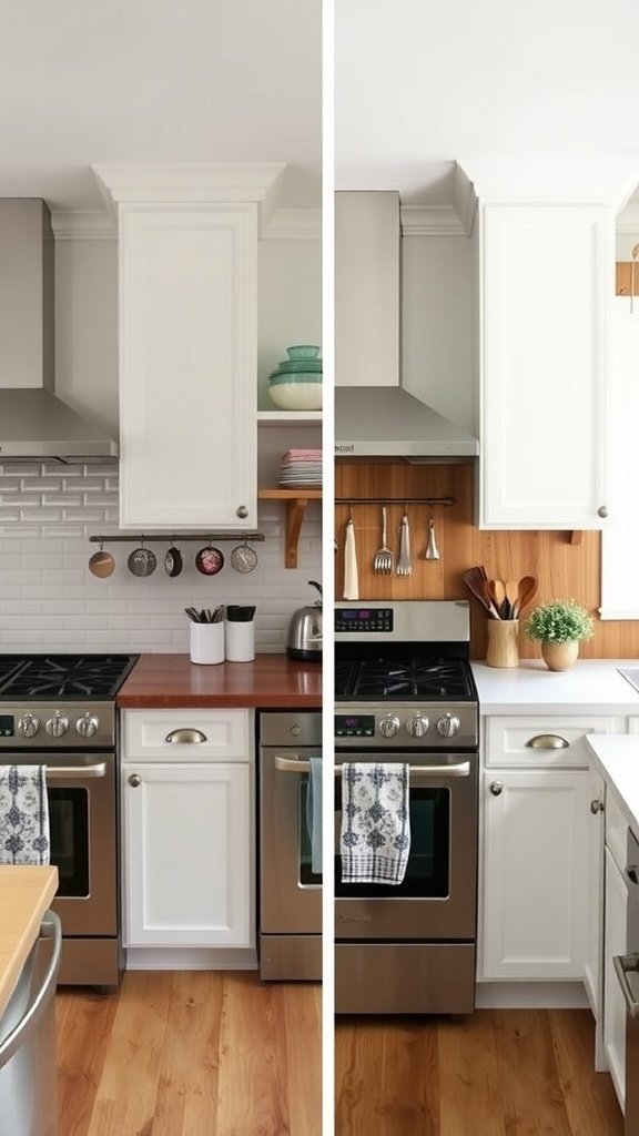 Before and after kitchen transformation showing a blend of modern and rustic design elements.