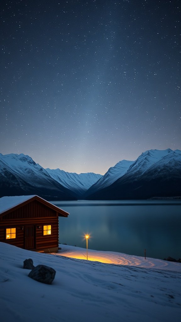 A cozy red cabin by Lake Tekapo at night, surrounded by snow and mountains under a starry sky.