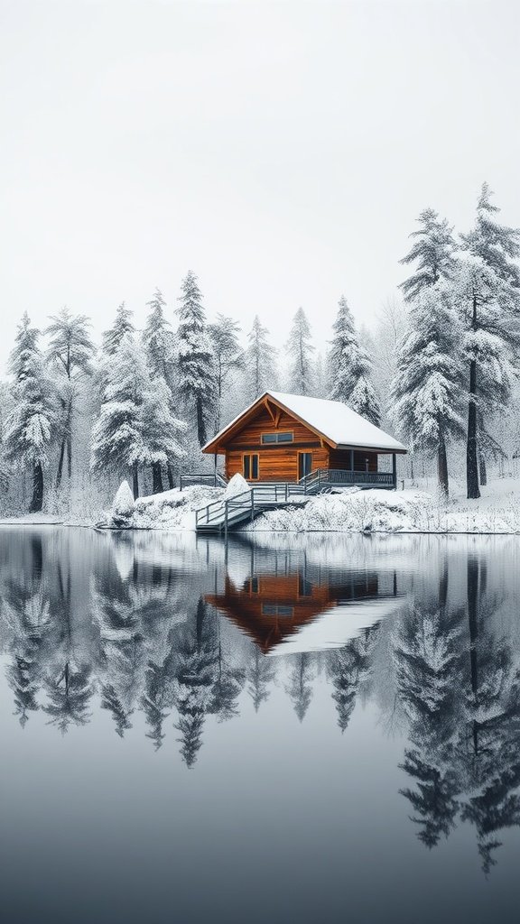 Cozy lakeside cabin surrounded by snow-covered trees and reflecting in the calm lake