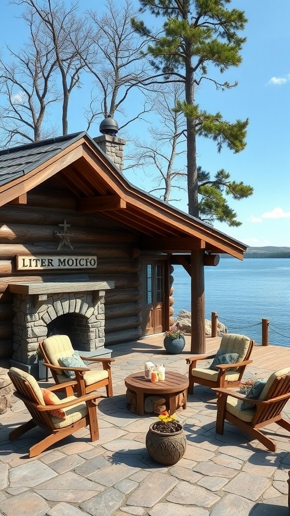 A cozy lakeside log cabin farmhouse with wooden chairs and a stone fireplace