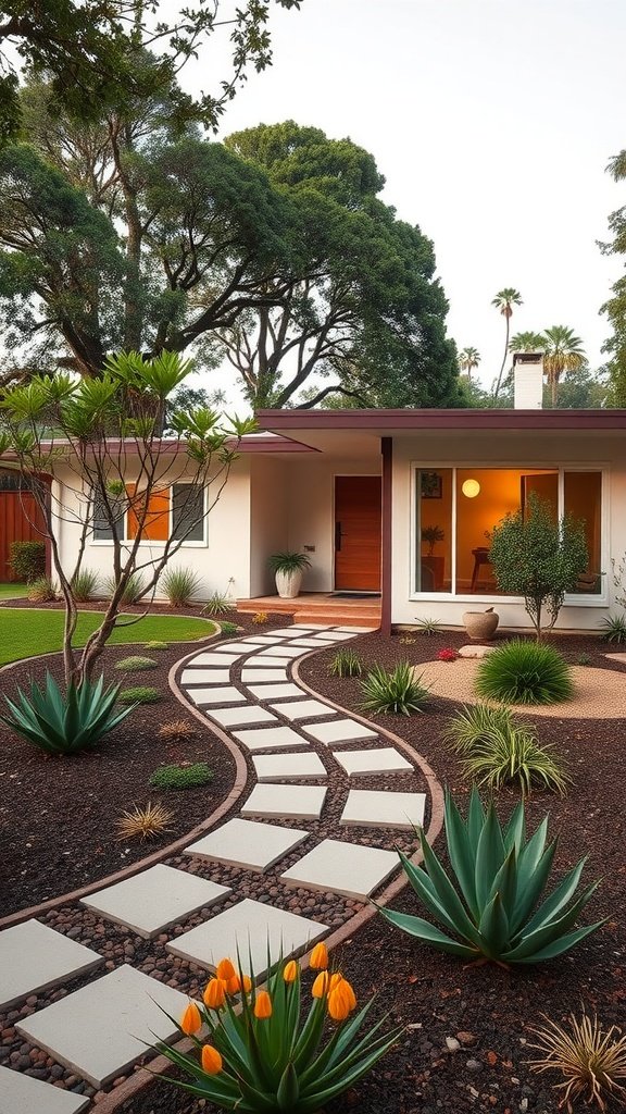 A mid-century modern house surrounded by a beautifully landscaped garden with a winding path and various plants.