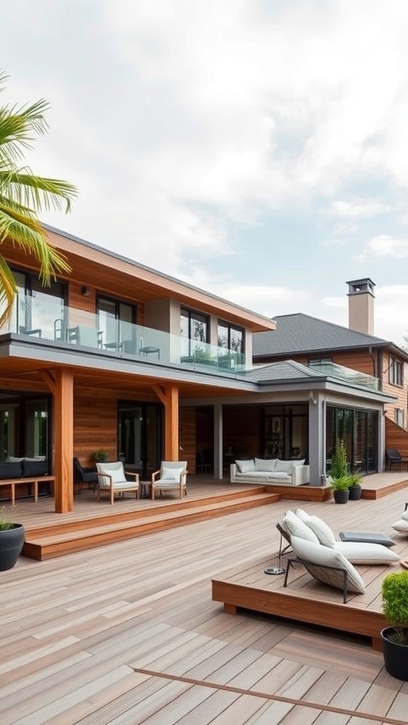 A spacious outdoor deck featuring wooden flooring, comfortable seating, and greenery, with a modern house in the background.