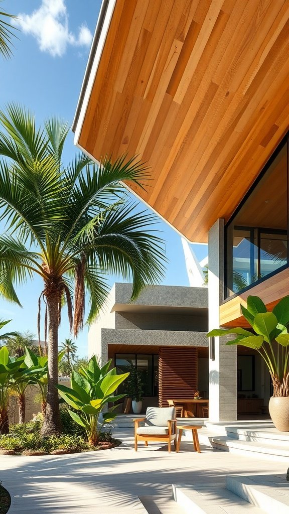 A modern tropical house with large wooden eaves, surrounded by palm trees and lush greenery.