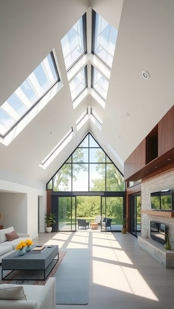 Interior view of a modern house with large skylights allowing natural light to enter.