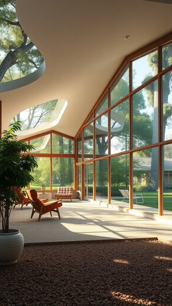Interior of a mid-century modern house featuring large windows and cozy furnishings