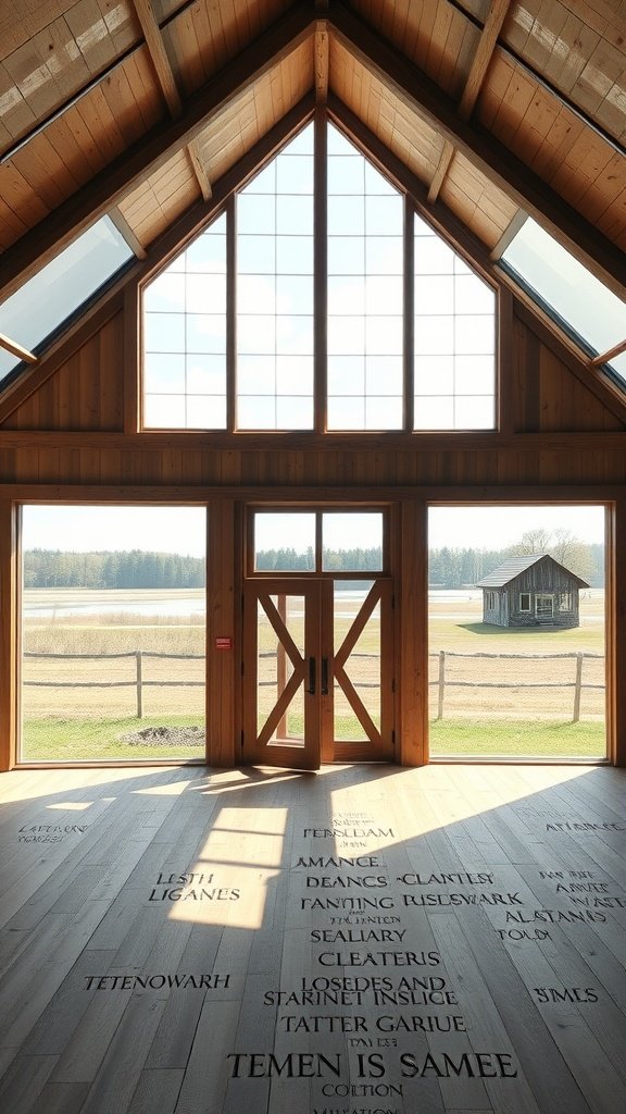 An entryway of a modern barn house featuring large windows, wooden beams, and a view of the fields outside.