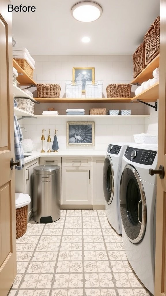 Before image of a laundry room showing cluttered shelves and appliances.