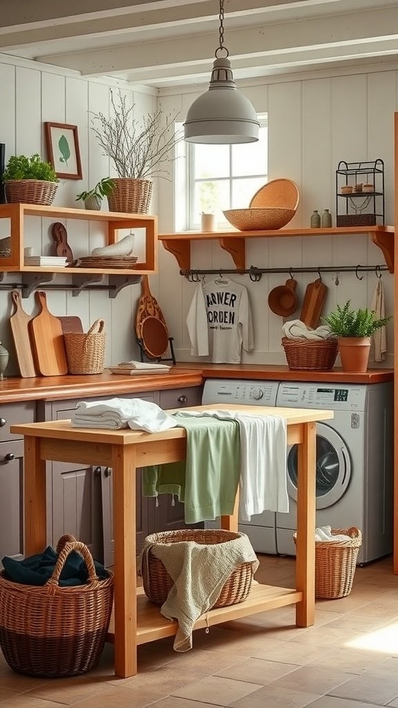 A farmhouse-style laundry room featuring a wooden table with folded clothes, baskets, and a washing machine.