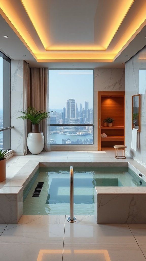 A luxurious penthouse spa featuring a plunge pool with floor-to-ceiling windows and a stunning city view