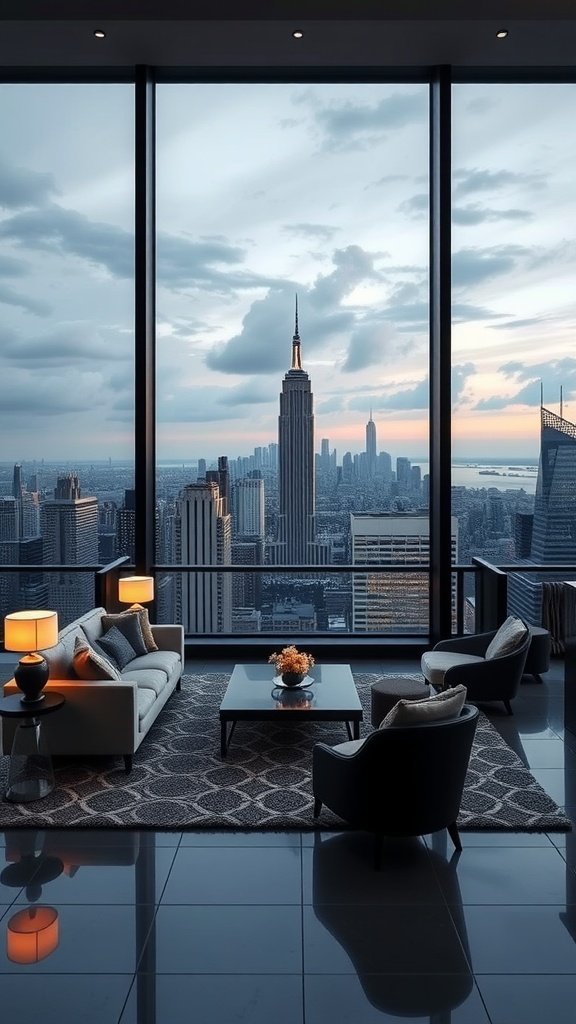 Luxurious penthouse interior with stunning skyline view featuring the Empire State Building