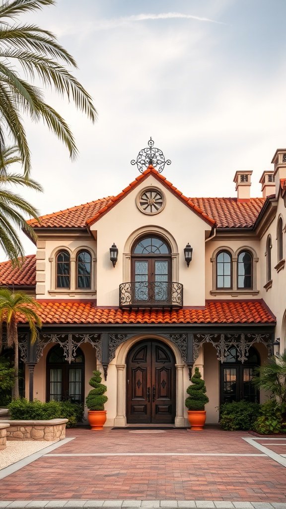 A lavish Spanish Revival house featuring a red tile roof, arched doorways, and decorative balcony.