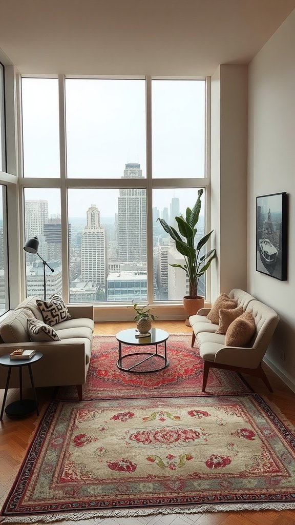 A stylish living room featuring layered area rugs, modern furniture, and large windows with a city view.