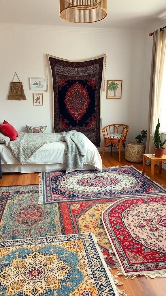 A bohemian style bedroom with layered rugs, showcasing various colors and patterns, creating texture and warmth.